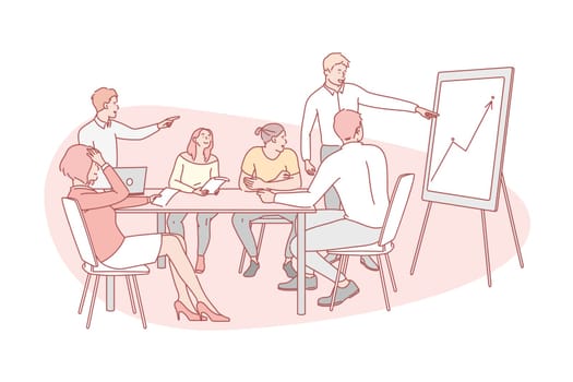 Presentation, business, teamwork, training concept. Young businessman coach shows presentation about company profit growth. Happy boy trainer demonstrates project with graph and chart to investors.