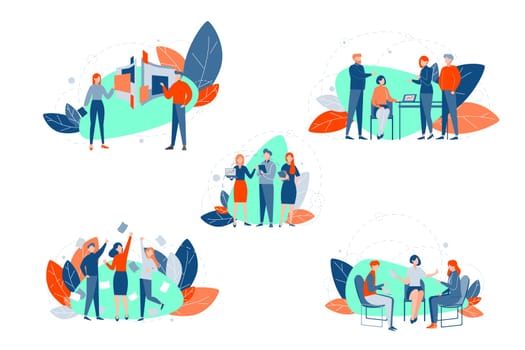 Teamwork, coworking, brainstorming set concept. Successful teams collection. Group of business people clerks managers participate in meeting, negotiation, brainstorming, coworking. Business teamwork.