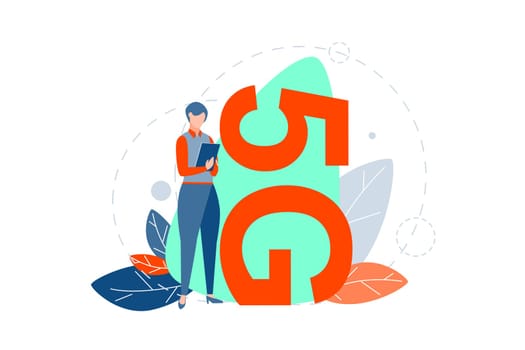 5g technology concept. Young woman is using tablet with 5g network. Girl or businesswoman uses mobile 5g internet. Modern digital technologies, web, Internet. Wireless communication. Flat vector