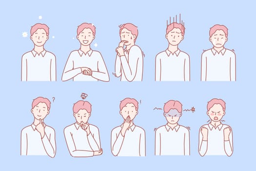 Boys emotions and facial expressions set concept. Illustration or collection showing different emotions of boy. Child demonstrates of positive and negative facial expressions. Simple flat vector