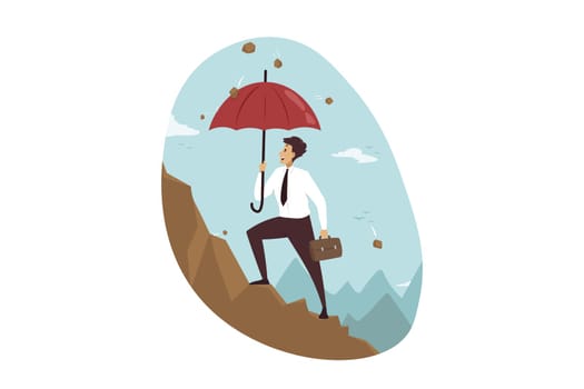 Protection, goal achievement, success, business concept. Businessman boss clerk manager leader character climbing mountaing covering umbrella from rockfall. Persistence aspiration of reaching success.