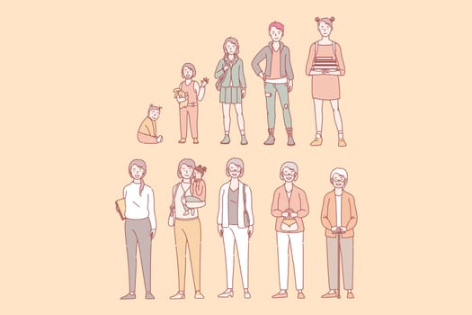 Stage of womans life. From newborn to oldman. Man in different age. Process of growing up. Childhood and adulthood generation. Youth, adult and old age in cartoon style. Simple flat vector.