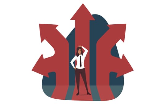 Thinking, direction, business concept. Thoughtful businesswoman boss cartoon manager character stands surrounded by different directions. Problem of choice making for business development illustration