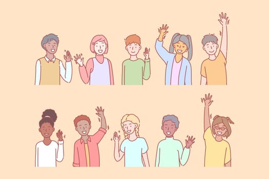 Children greet or say hello with hand. Group of multicultural preschoolers is saying hello. Young multiethnic boys and girls raised hands in greeting. Kids say hi to childhood. Simple flat vector