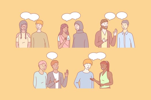 Multicultural people communicate together. Young students communicate in multiethic society. Girls and boys or men and women exchange multinational information. Simple flat vector