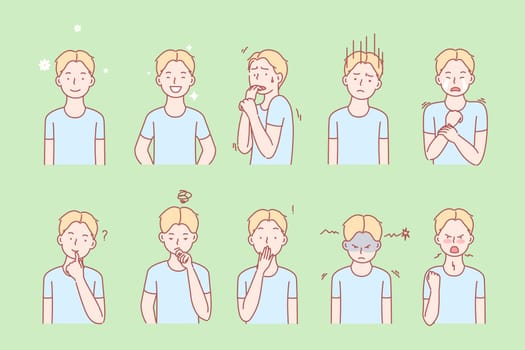 Kids emotions and facial expressions set concept. Illustration or collection showing different emotions of kid. Boy demonstrates of positive and negative facial expressions. Simple flat vector