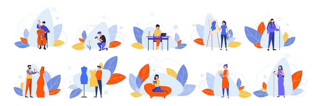 Set of creative occupations, hobby concept. Collection of various peoples hobbies and proffessions. Occupation, musician, artist, singer, photographer, florist, couturier, freelancer and sculptor.