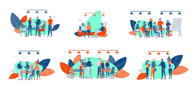 Business meetings set concept. Collection of businesspeople coworkers, business meeting at office. Collaboration, teamwork processes. Collective partnership, analysis. Plan, strategy, presentation