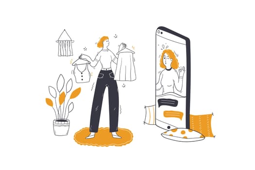 Beauty, fashion, shopping consultation concept. Woman personal stylist cartoon character consulting customer client online. Wardrobe parsing choice of clothes outfit and sorting apparel illustration.
