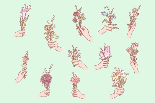Bunch of flowers in hand. Hand holds flower. Womans hands hold flower. Collection of hands holding bouquets. Bundles of flower are taken. Bundle of floral elements are given away. Simple flat vector.