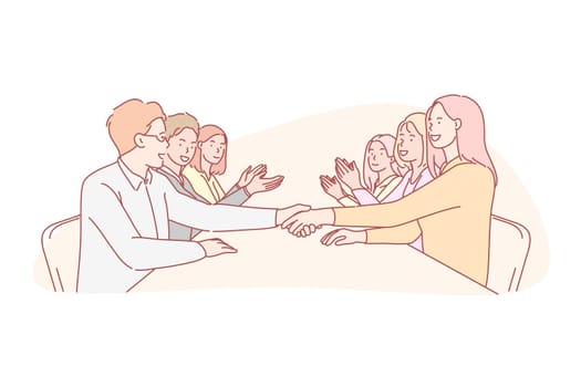Business, collaboration, negotiation, team, agreement concept. Businessmen and women collaboration, meeting at office. Business teams bosses made deal at negotiations shake hands and applause