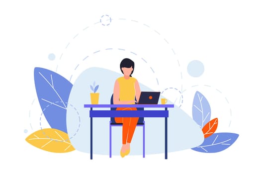 Hobby, creative profession, writing, freelance concept. Illustration of businesswoman, girl writer or freelancer at table with laptop. Art image of different people creative occupation. Flat vector