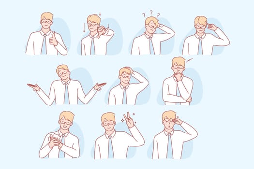 Business mans gestures and facial expressions set concept. Illustrations of young man showing different gestures or signs. Businessman demonstrates of positive and negative facial expressions.