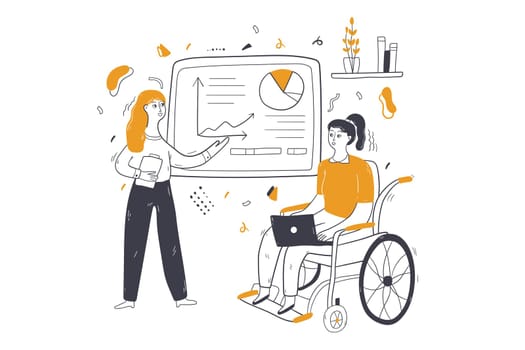 Business, corporate meeting, presentation concept. Businesswoman clerk manager presenting analysis data report to disabled handicapped female colleague at office. Teamwork at project and management.