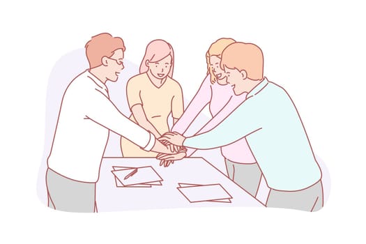 Teamwork or coworking, business concept. Young business people is ready for teamwork and set up for success. Businessmen and women coworkers are ready to do ambitious project. Simple flat vector