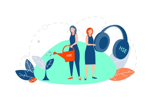 HSE, care concept. Young women or girls are standing and holding big headphones and watering can with hse acronym or abbreviation. Environmental care, ecology, health safety illustration. Flat vector