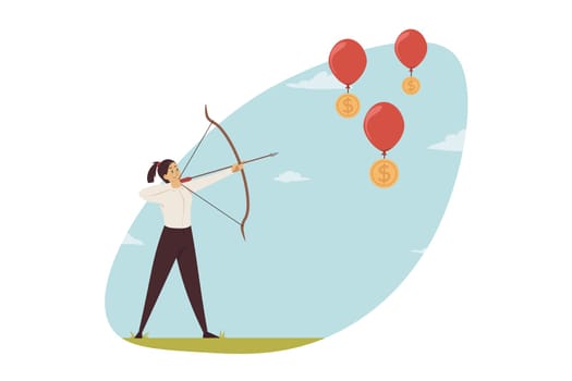 Investment, business, mining concept. Businesswoman manager worker entrepreneur archer with bow and arrows striking golden bitcoin flying on balloons. Cryptocurrency earning digital finance commerce.