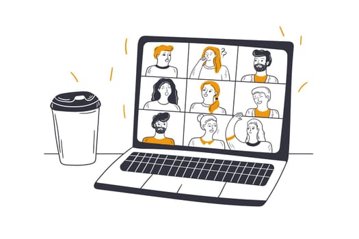 Online meeting, video conference, business concept. Group of diverse men women businesspeople enjoy web communication illustration. Smiling friends talking on video conference internet discussion.