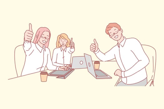 Business team, coworking, success concept. Young business man and women show like sign sitting at work place. Happy coworkers did great teamwork and satisfied with successful project. Simple vector