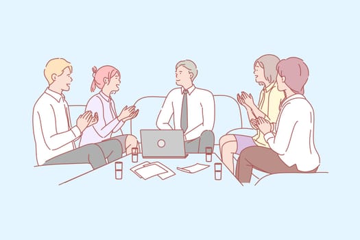 Business, team, success, congratulation, applause concept. Group of business people applause in honor of career growth. Colleagues men and women cogratulate their leader with successful achievement
