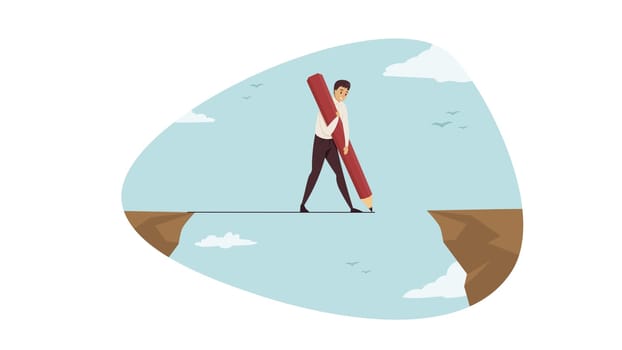 Anticrisis solution, business, leadership concept. Businessman leader clerk manager cartoon character crosses abyss gap draws rope line with pencil help. Self helping creative management illustration.