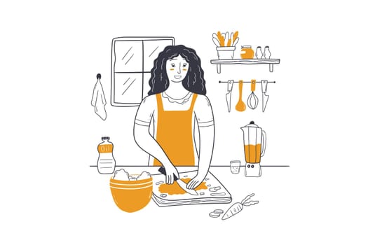 Cooking, housekeeping, food baking concept. Happy woman cooker character in apron mixing ingredients preparing dough in bowl. Preparation homemade pastry or dish dessert at kitchen table illustration.
