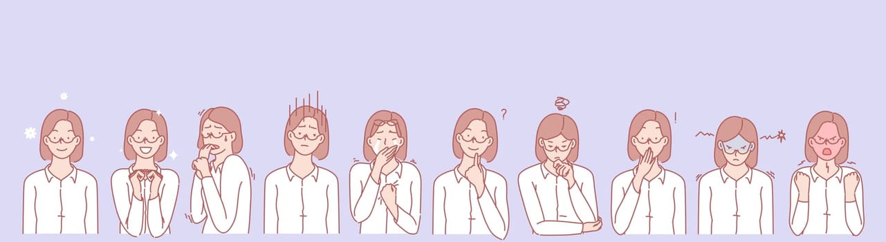 Womans emotions and facial expressions set concept. Illustration or collection showing different emotions of woman. Girls demonstration of positive and negative facial expressions. Simple flat vector.