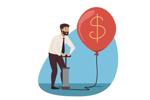 Business, profit, currency mining concept. Young businessman clerk manager cartoon character pumping hot air balloon with dollar sign. Increasing cash revenue and financial money income illustration.