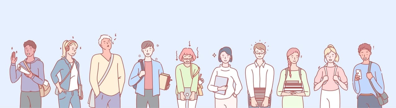 College or university leisure set concept. Ilustration of students boys and girls studying in college. Collection of students, young men and women spending their leisure time in school.