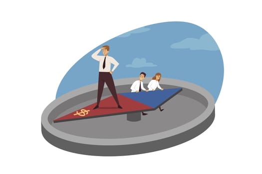 Planning strategy direction, business, leadership concept. Team of businessmen clerks employye moving compass with man leader standing on. Male manager boss looking at north direction to goal target.