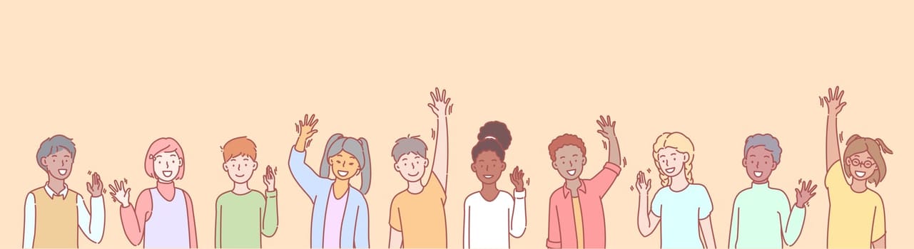 Set of multiethnic children volunteers concept. Group of multinational children waving their hands in greeting. Collection of illustrations of kids, boys and girls greet, raising hands.