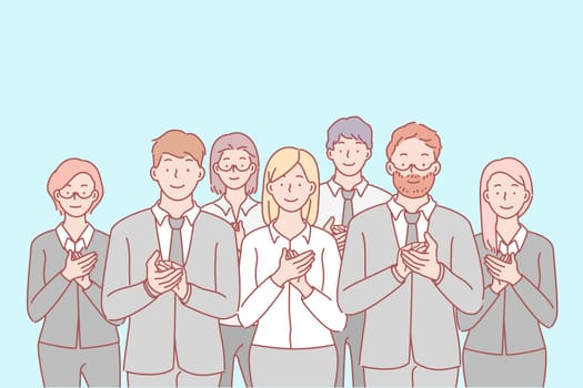 Business, team, congratulation, applause concept. Group of young happy business people applause in honor of career growth. Colleagues men and women greet new team member. Simple flat vector