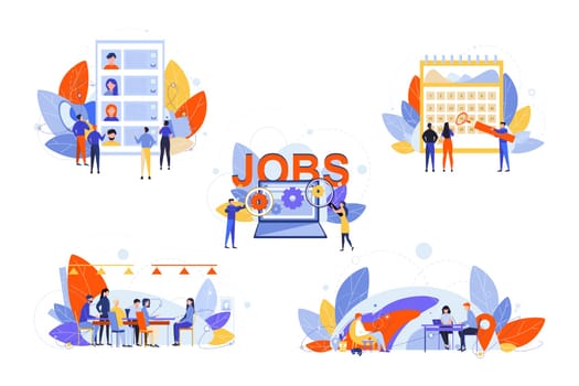 Recruitment, hr management, job interview, business set concept. Businesspeople men women recruiters on job interview in office. Online search for free vacancies. HR management. Making cv, portfolio.