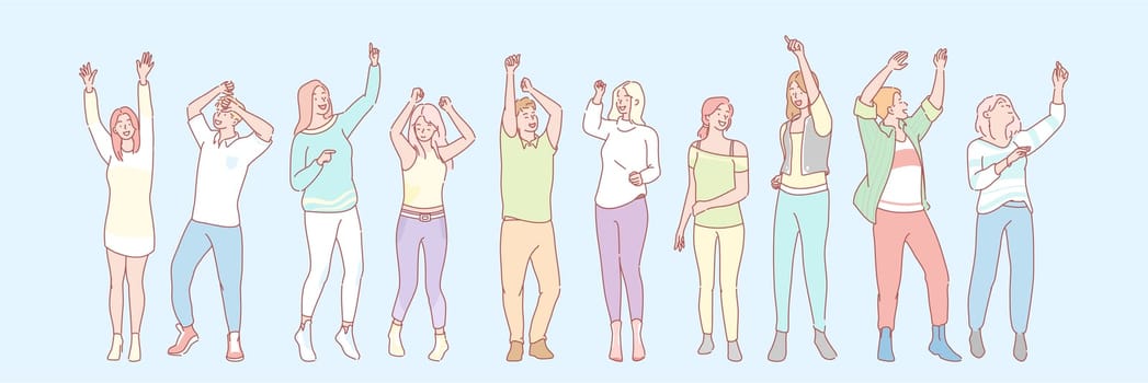 Party animals set concept. Group of men and women dancers on dance floor. Illustration of students dancers. Collection of young boys and girls teenagers dancing at disco party. Simple flat vector