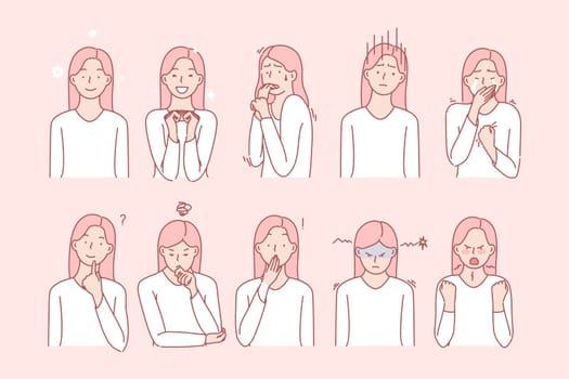 Girls emotions and facial expressions set concept. Illustration or collection showing different emotions of woman. Girl demonstrates of positive and negative facial expressions. Simple flat vector