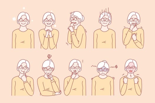 Old age womans emotions and facial expressions set concept. Illustration or collection showing different emotions of grandmother. Crone demonstrates of positive and negative facial expressions.