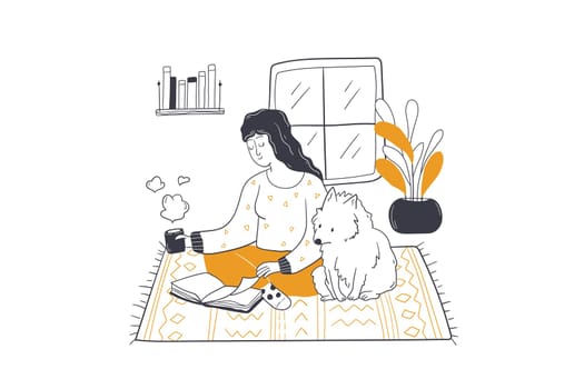 Leisure, pet friendship, entertainment concept. Focused young woman girl owner cartoon character and dog domestic animal friend sitting on floor reading book spending time together illustration.