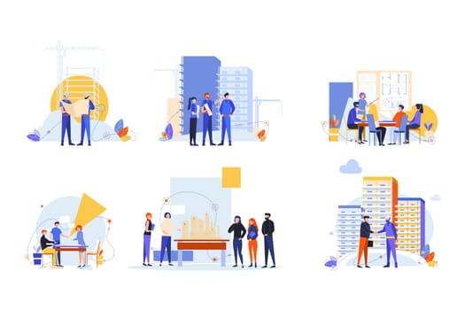 Builders and architects set concept. Collection men women builders, architects engineers working on architecture project. Profession, occupation, job. Planning, agreement. Building industry. Coworking