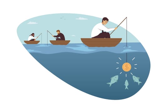 Business, investment, currency mining concept. Businesspeople men women managers workers entrepreneurs fishermen fishing together. Cryptocurrency earning and digital finance ecommerce illustration.