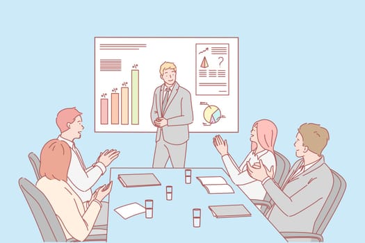 Presentation, business, congratulation, hiring concept. Young businessman shows presentation about company profit growth, graph to investors. Business people congratulate their colleague with hiring