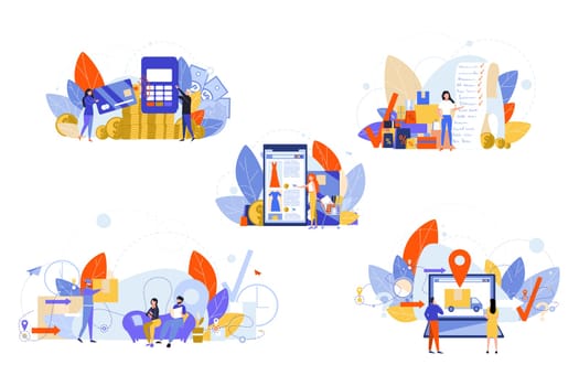 Online shopping, payment, delivery, order set concept. People, men women customers buyers do online shopping. Making order on smartphone, plastic card payment, home delivery, gps tracking, check list.