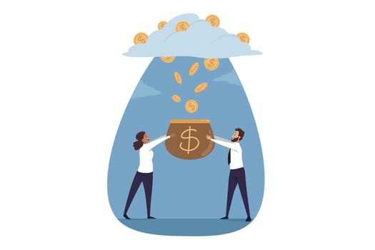 Teamwork, business, currency mining concept. Team of businessman woman managers workers entrepreneurs catching coins rain falling from sky. Cryptocurrency earning and financial commerce illustration.