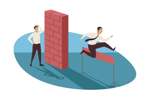 Business, career, goal achievement concept. Thoughtful businessman clerk character standing in front of brick wall another manager jumping over obstacle moving forward. Successful trouble avoidance.