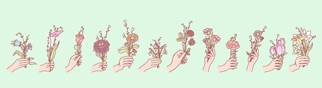 Set of flowers in hands concept. Illustration of bouquets or bunches of flowers, holding by mans or womans hands. Collection of field and garden blossoms gifting by humans hand. Floral design elements