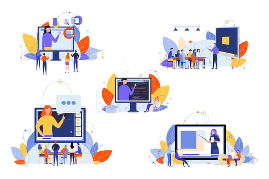 Online education, course, study, seminar, training set concept. Men women students teenagers learning online on internet. Digital courses, online study process, training, watching educational videos.