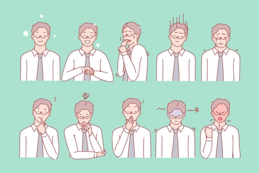 Business mans emotions and facial expressions set concept. Illustration or collection showing different emotions of man. Businessman demonstrates of positive and negative facial expressions.