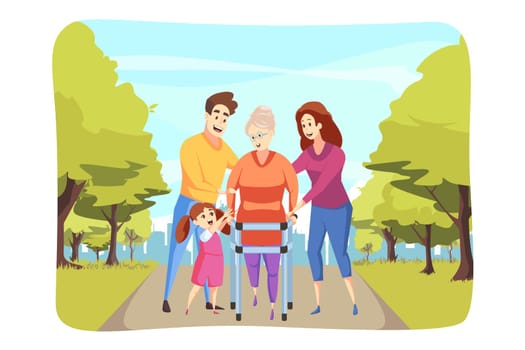 Care, family, support, walking concept. Granddaughter and man dad with woman mother help grandmom senior citizen pensioner go walker. Caring for the elderly and fathers day mothers day illustration.