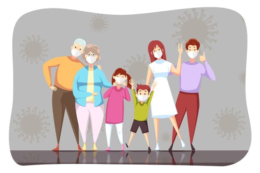 Coronavirus, 2019ncov, healthcare, infection, protection concept. Family grandad grandmom father mother children son daughter stand with medical face masks together. Health care and prevention covid19