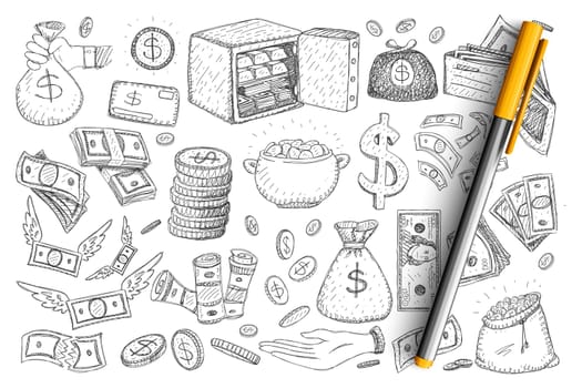 Money and finance doodle set. Collection of hand drawn safe, sacks with cash, coins, dollars, american currency in stacks and heaps isolated on transparent background. Illustration of wealth concept