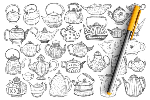 Kettles and teapots doodle set. Collection of hand drawn stylish elegant teapots and kettles for brewing tea and coffee drinks isolated on transparent background. Illustration of kitchenware